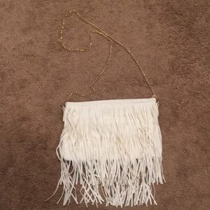 White leather fringe purse